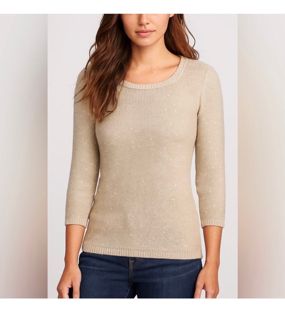 NIC+ZOE Starry Streets Beaded Knit Sweater Khaki Beige | Size Medium | NWT